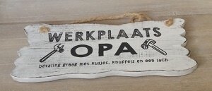 Werkplaats opa, houten ophangbord