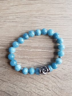 Dames armband Aquamarijn met RVS Roos kraal
