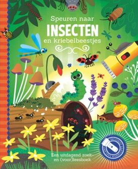 Kinderboek &#039;Speuren naar Insecten&#039; met kartonnen zaklamp en kleurrijke zoekplaten.