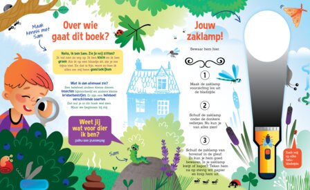 Zoekplaat in het boek &#039;Speuren naar Insecten&#039; met verborgen insecten en kriebelbeestjes.