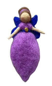 Handgemaakt elfje van wol in paars en blauw met ophangkoord