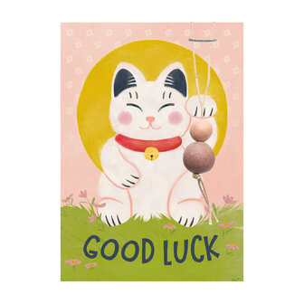 Bloem bommetje geluk in de vorm van gelukspoppetje met kaartje &quot;Good Luck&quot;