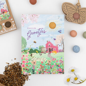 Duurzaam cadeau: kaart met bloemzaden in vrolijke stijl