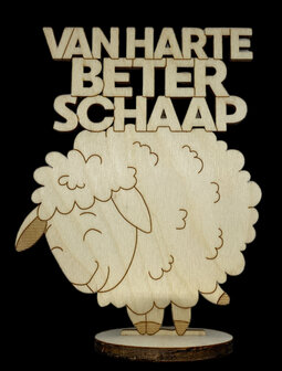 Houten Van harte beter schaap met berkenhouten standaard en uitgesneden tekst, 15x12 cm