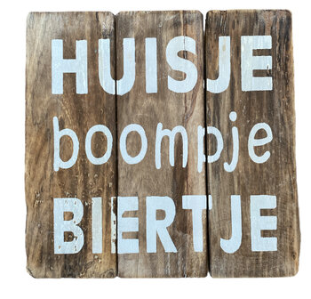 Houten tekstbord met Huisje boompje biertje in witte letters