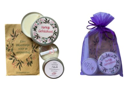 Cadeaupakket &lsquo;Hartelijk Gefeliciteerd&rsquo; met zonnebloemzaden, vegan kaars en rozenkwarts