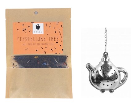 Feestelijk theepakketje met zwarte thee en theepot thee-ei in cadeauverpakking