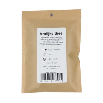 Achterkant van het vrolijke thee zakje