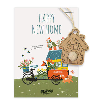 Giftcard Happy New Home met hanger en bloemenbom