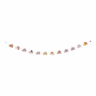 Handgemaakte lokta papier slinger met olifantjes en pompoms, duurzaam en kleurrijk