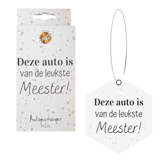 Auto geurhanger meester in 6-hoek met tekst &ldquo;Deze auto is van de leukste meester&rdquo;