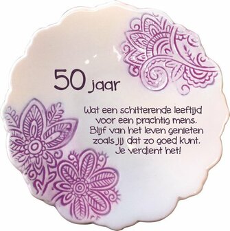 Ronde porseleinen magneet 50 jaar paars