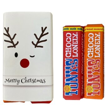 Tony&rsquo;s Chocolonely Merry Christmas Rendier &ndash; melk karamel zeezout repen in geschenkverpakking