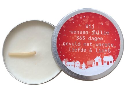 Handgegoten kaars Wij Wensen Jullie 365 Dagen in kerstblikje