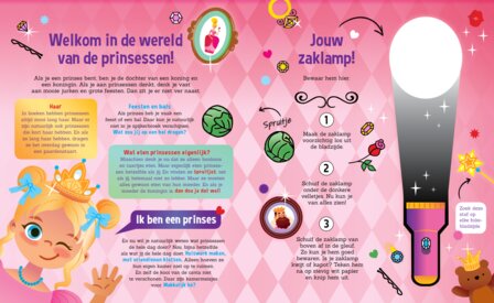 Kinderboek 'Speuren met Prinsessen' met kartonnen zaklamp en kleurrijke illustraties.