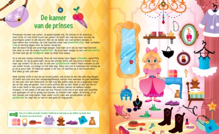 Detail van een pagina in het boek 'Speuren met Prinsessen' met prinsessen en zoekopdrachten.