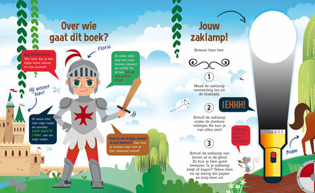 Kinderboek &lsquo;Speuren naar Ridders en Kastelen&rsquo; met kartonnen zaklamp en kleurrijke illustraties.