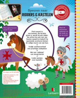 Achterkant van het kinderboek speuren naar ridders en kastelen