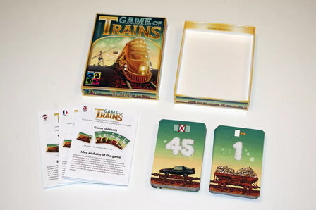 De inhoud van de Game of Trains doos, inclusief kaarten en spelregels.