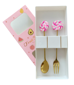 Luxe lepeltje en vorkje met lollie decoratie in doos.