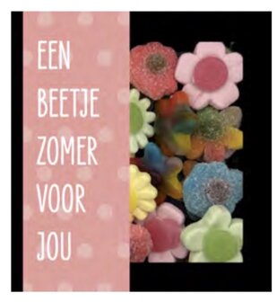 Vensterdoosje gevuld met gekleurde winegum bloemetjes en zomerse wikkel.