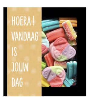 Vensterdoosje gevuld met 210 gram gekleurde winegums en feestvarkens.