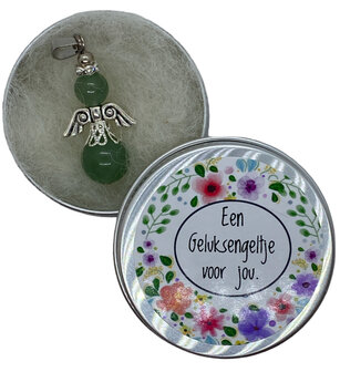 Geluksengeltje in een blikje met tekst &ldquo;Een geluksengeltje voor jou&rdquo;