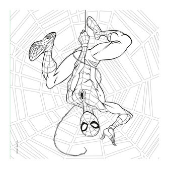 Opengeslagen Spider-Man kleurboek van 22 x 22 cm met een actievolle kleurplaat