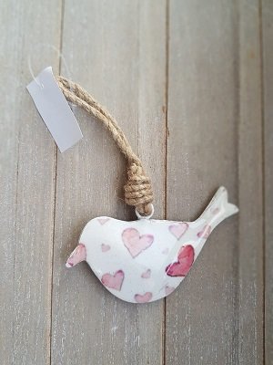 Metalen hanger vogel met hartjes (klein)