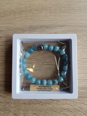 Dames armband Aquamarijn met RVS Roos kraal