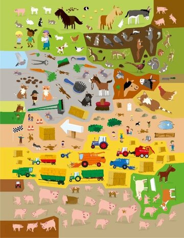 Geopend stickerboek met een boerderijplaat en stickervel met dieren