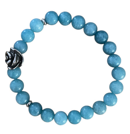 Dames armband aquamarijn met roos bedel – bovenaanzicht