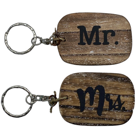 Set houten Mr & Mrs sleutelhangers met keyring