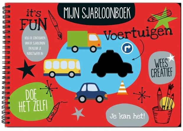 Sjabloonboek voertuigen – voorpagina met auto's, treinen en vliegtuigen