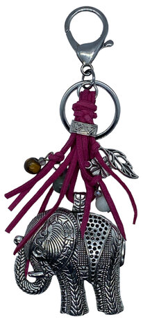 Olifant sleutelhanger fuchsia met kwastje en bedeltjes
