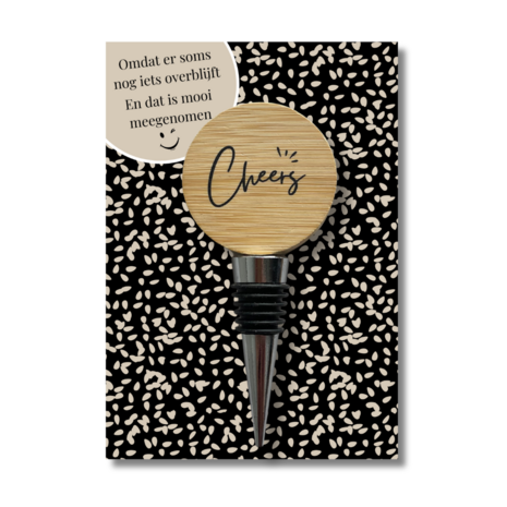 Giftcard met flesstopper Cheers – omdat er soms nog iets overblijft