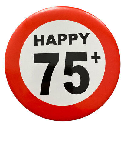 Close-up van button 75 jaar – Happy 75+ Forever Young