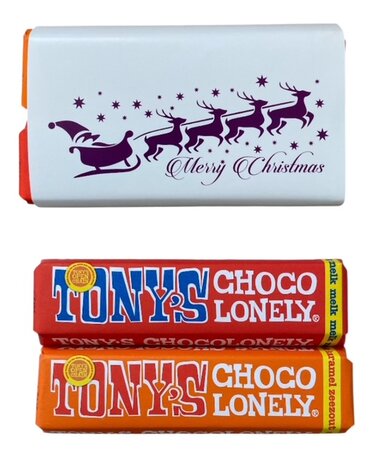 Tony’s Chocolonely Merry Christmas melk karamel zeezout repen in geschenkverpakking