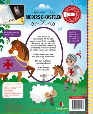 Achterkant van het kinderboek speuren naar ridders en kastelen