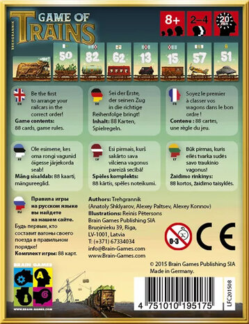 Achterkant van de doos van het spel Game of Trains