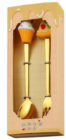 Lepeltje en vorkje voor gebak in een luxe geschenkdoos
