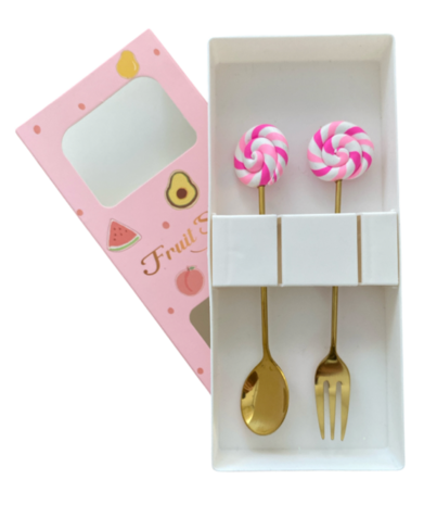 Luxe lepeltje en vorkje met lollie decoratie in doos.