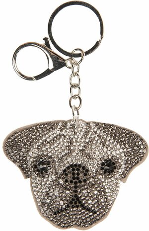 Glinsterende hondenkop sleutelhanger met zilveren strass-steentjes en keyring.