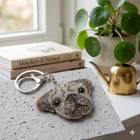 Detailopname van een luxe sleutelhanger in de vorm van een hond met kristallen.