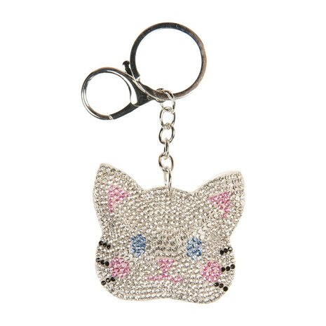 Glinsterende kattenkop sleutelhanger met zilveren strass-steentjes en keyring.