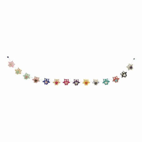 Slinger met uiltjes lengte 180 cm en 2 gekleurde pompoms