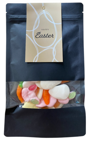 Luxe zwarte stazak gevuld met 195 gram kleurrijk paassnoep.