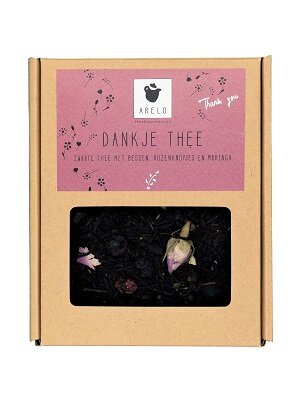 Dank je thee in geschenkverpakking met zwarte thee en bessen als bedankje