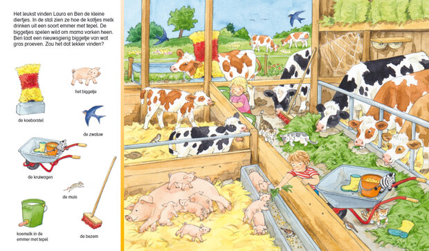 Opengeslagen kinderboek met zoekplaatjes en korte voorleesteksten over dieren