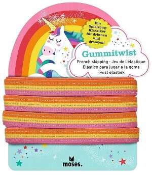 Vrolijk glitter springelastiek van 4 meter opgerold op een giftcard